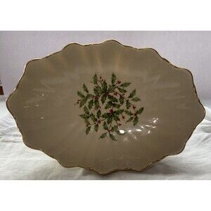 Vintage Lenox Holly And Berry Christmas Centerpiece Bowl Footed With Gold Trim